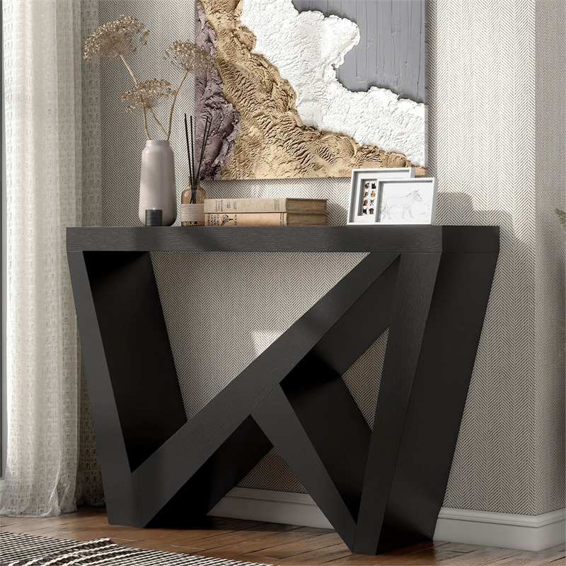 Bowery Hill Wood W-Shaped Legs Console Table in Black Finish