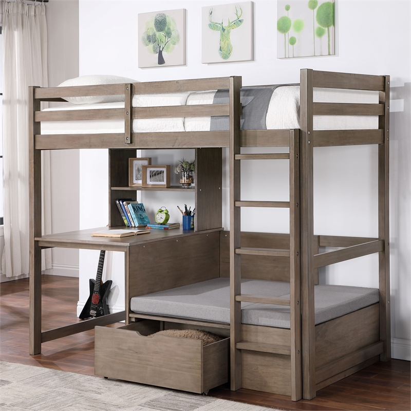 Bowery Hill Modern Wood Twin Over Workstation Loft Bed in Gray