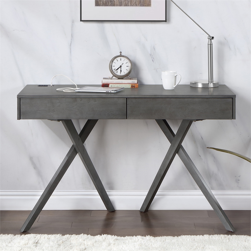 Bowery Hill Contemporary Wood Writing Desk with USB in Gray Finish
