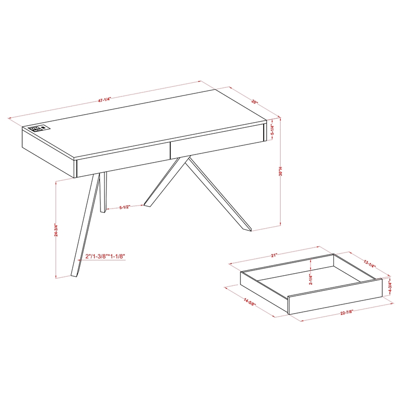 Bowery Hill Contemporary Wood Writing Desk with USB in Gray Finish