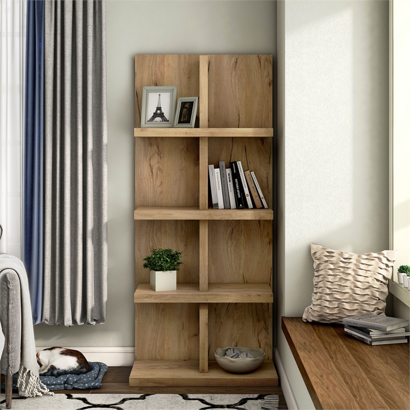 Bowery Hill Contemporary Wood 4-Shelf Bookcase in Light Oak Finish