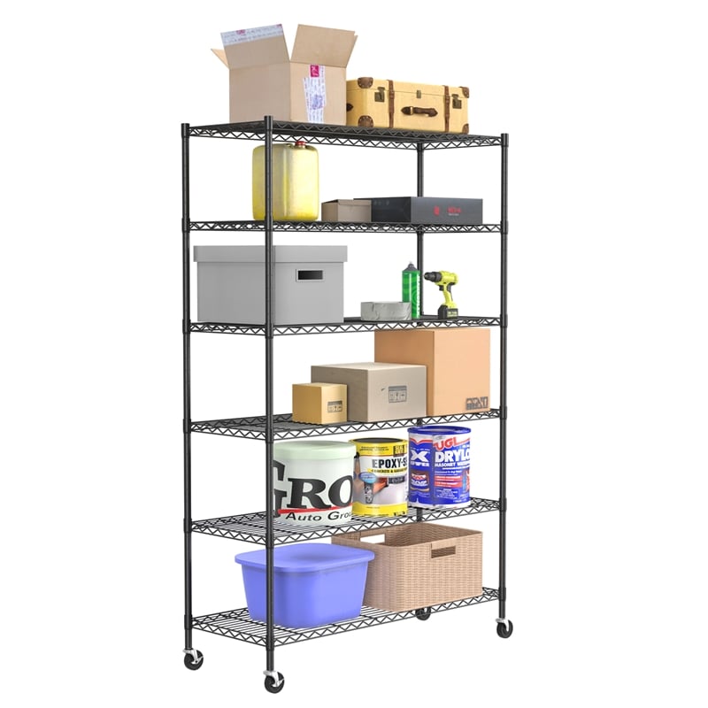 Bowery Hill Modern 6-Tier Metal Shelf with Mounted Wheels in Black