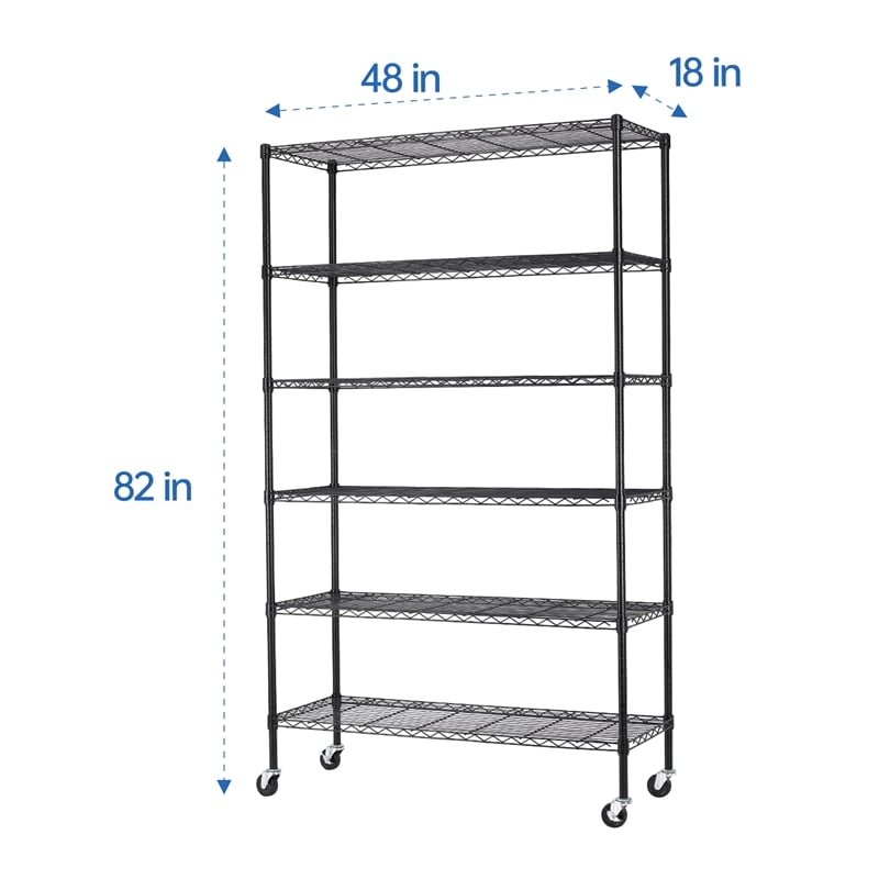 Bowery Hill Modern 6-Tier Metal Shelf with Mounted Wheels in Black