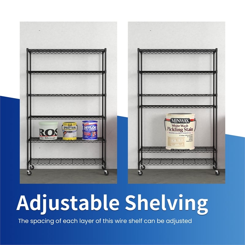 Bowery Hill Modern 6-Tier Metal Shelf with Mounted Wheels in Black