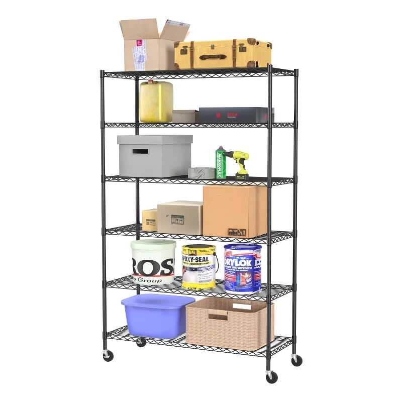 Bowery Hill Modern 6-Tier Metal Shelf with Mounted Wheels in Black
