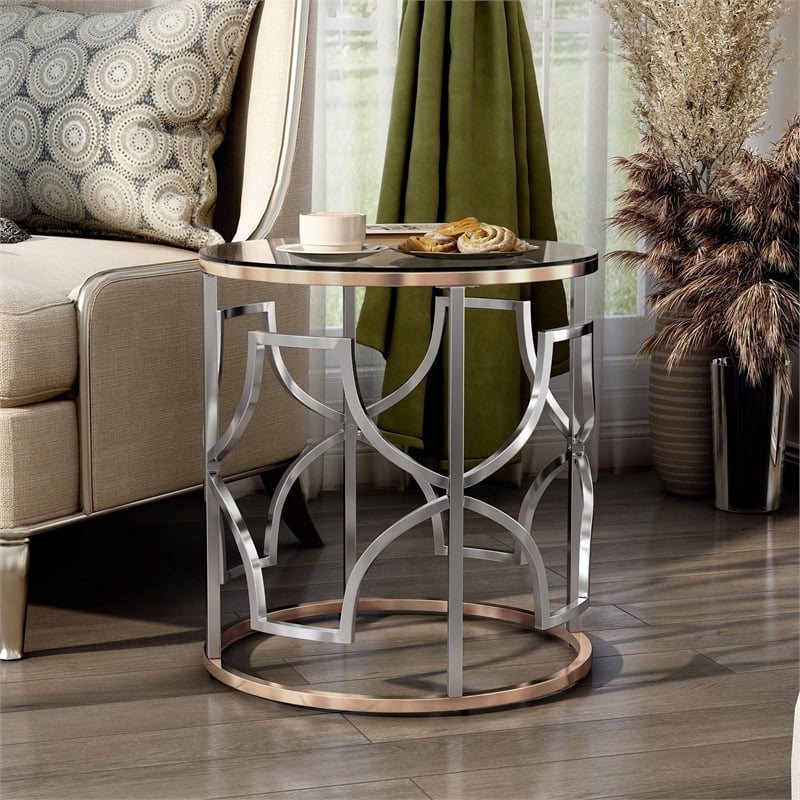 Bowery Hill Modern Glass Top Round End Table in Chrome and Gold