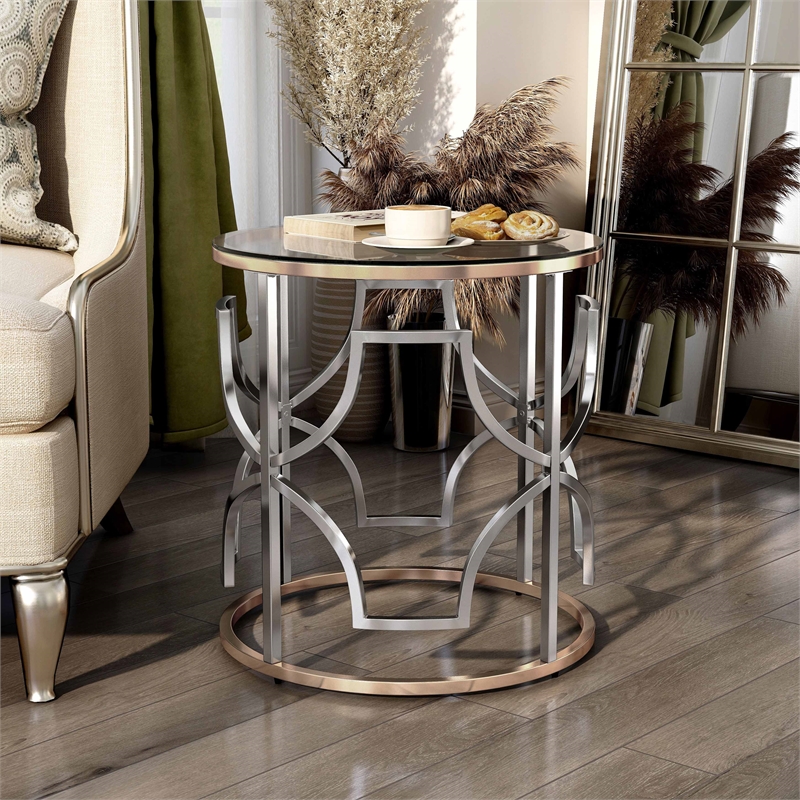 Bowery Hill Modern Glass Top Round End Table in Chrome and Gold