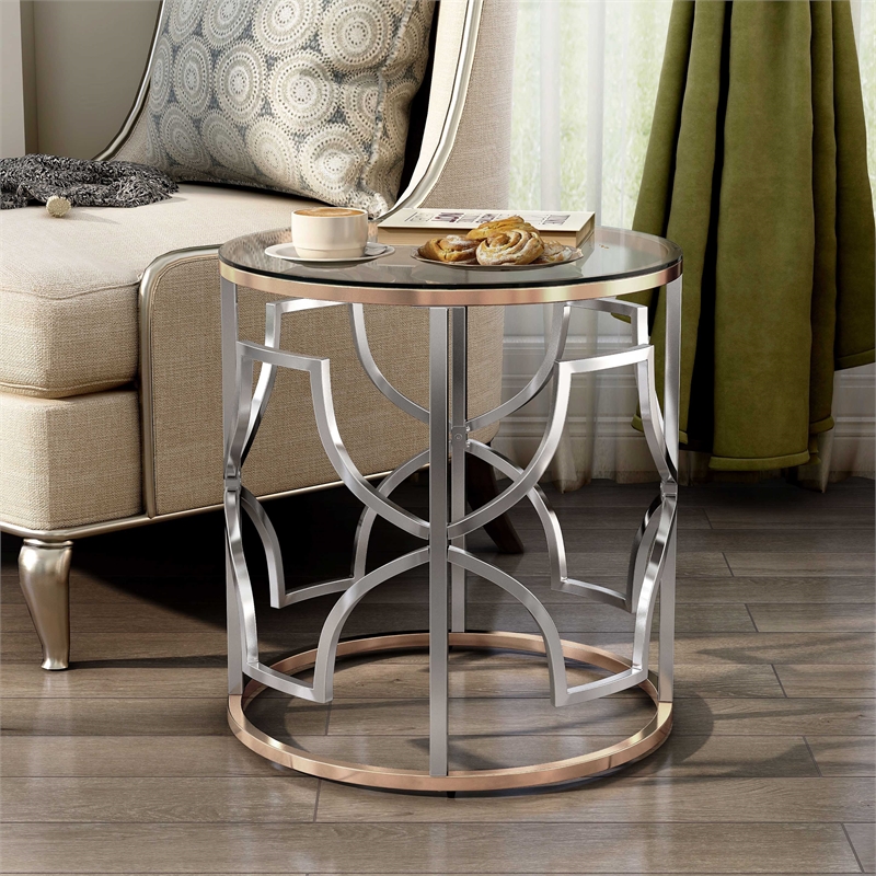 Bowery Hill Modern Glass Top Round End Table in Chrome and Gold
