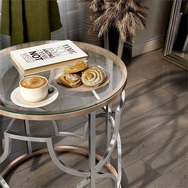 Bowery Hill Modern Glass Top Round End Table in Chrome and Gold
