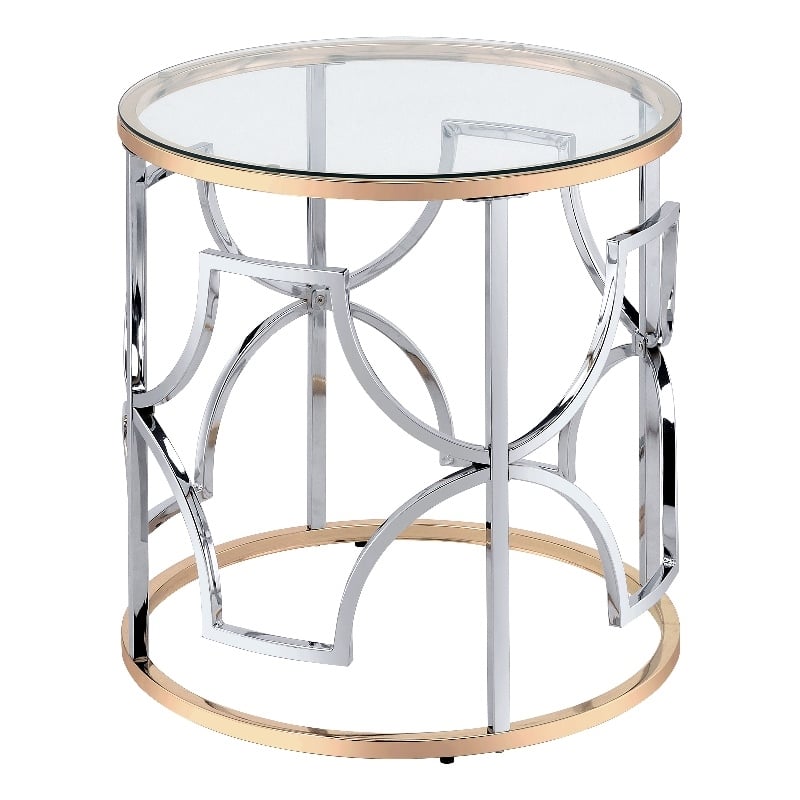 Bowery Hill Modern Glass Top Round End Table in Chrome and Gold