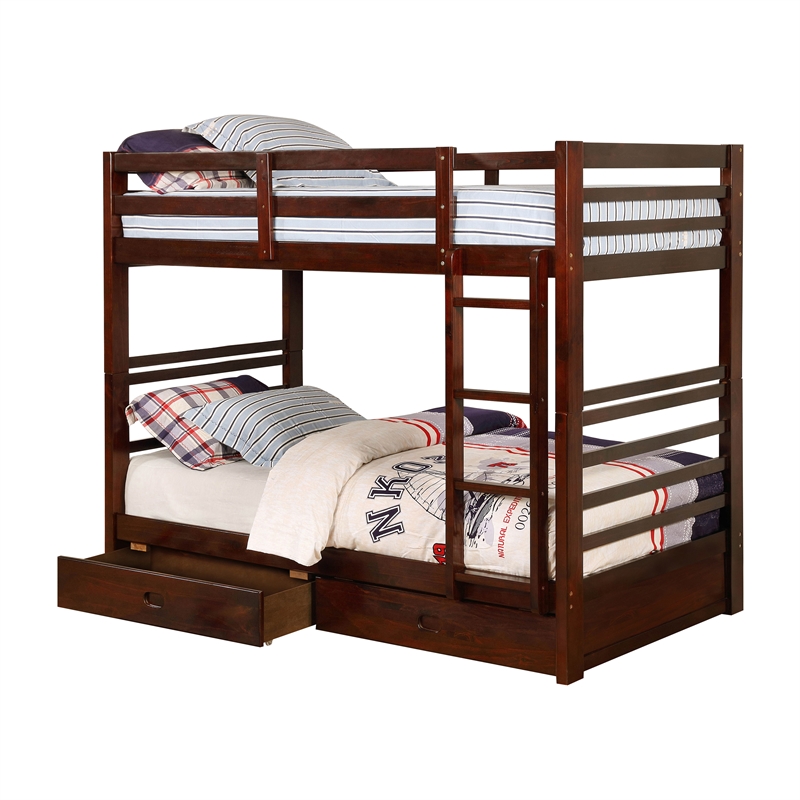 Bowery Hill Wood Twin over Twin Storage Bunk Bed in Dark Walnut