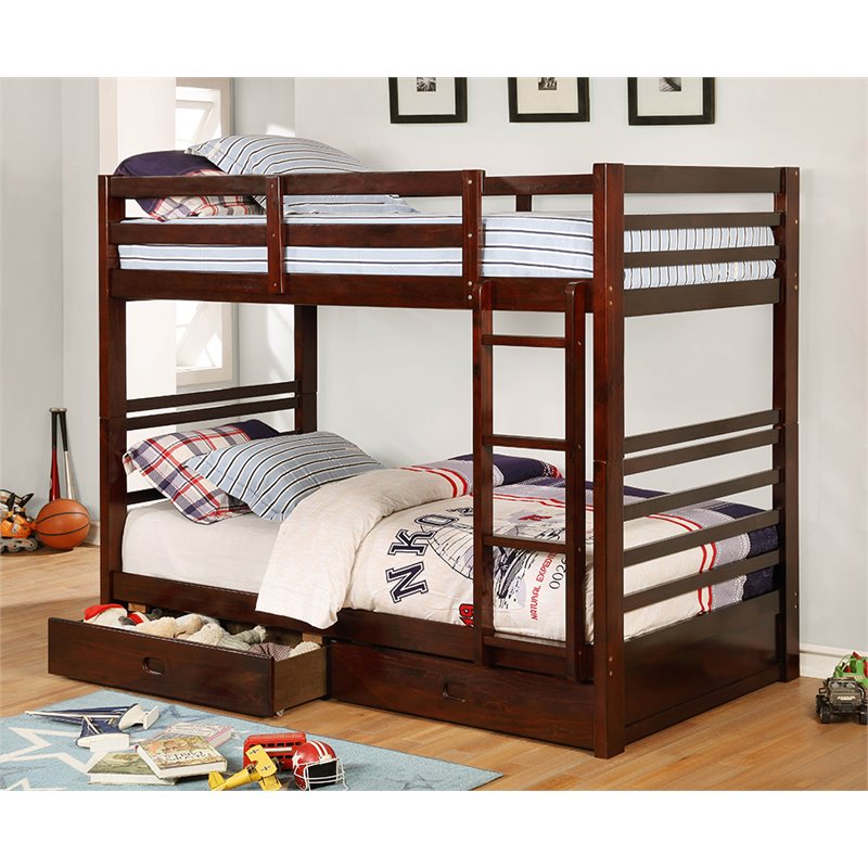 Bowery Hill Wood Twin over Twin Storage Bunk Bed in Dark Walnut