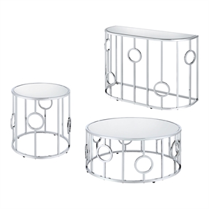 bowery hill metal and mirror top chrome 3-piece coffee table set