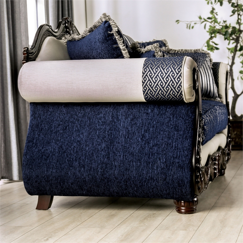 Bowery Hill Chenille Upholstered Blue and White 2-Piece Sofa Set
