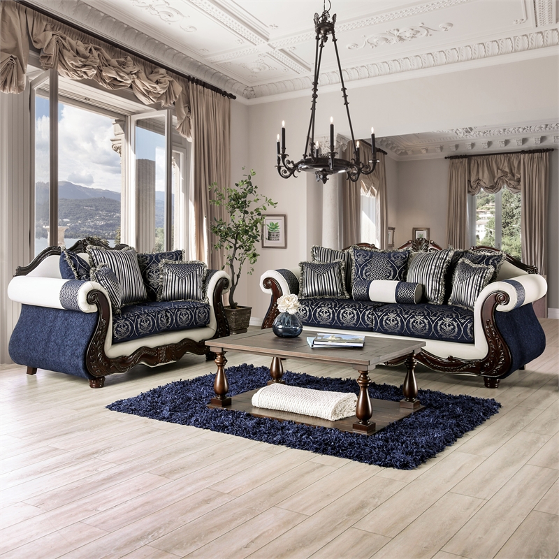 Bowery Hill Chenille Upholstered Blue and White 2-Piece Sofa Set