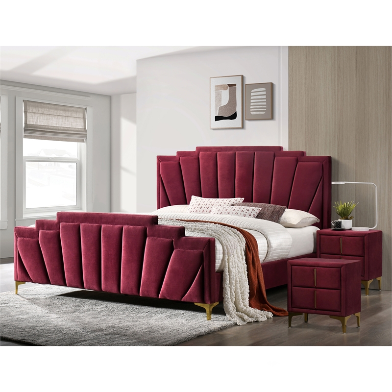Bowery Hill 3pc Red Fabric Bedroom Set - CalKing + 2 Nightstands