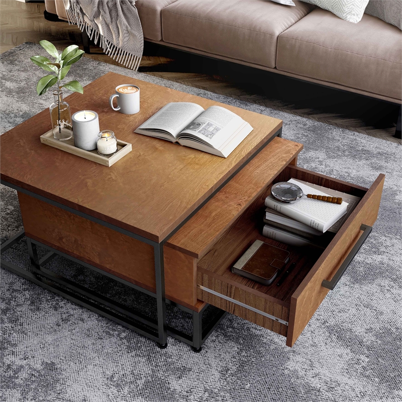 Bowery Hill Wood 2-Piece Nesting Tables Set with Drawer in Brown
