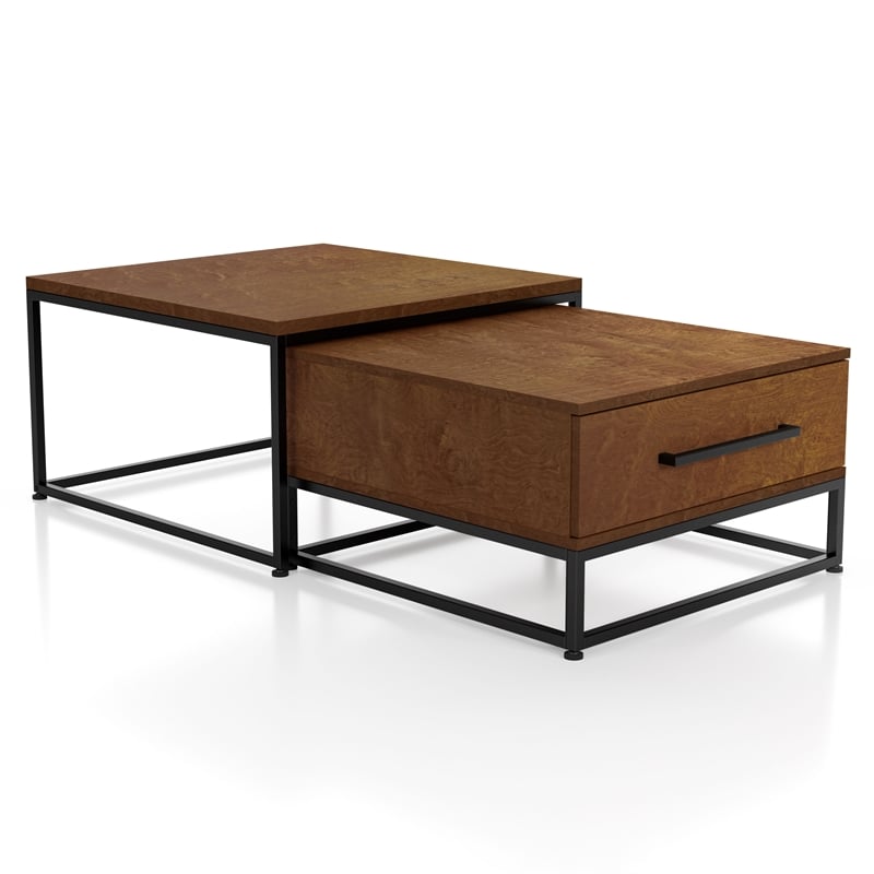 Bowery Hill Wood 2-Piece Nesting Tables Set with Drawer in Brown