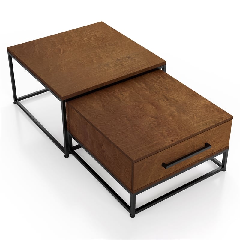 Bowery Hill Wood 2-Piece Nesting Tables Set with Drawer in Brown