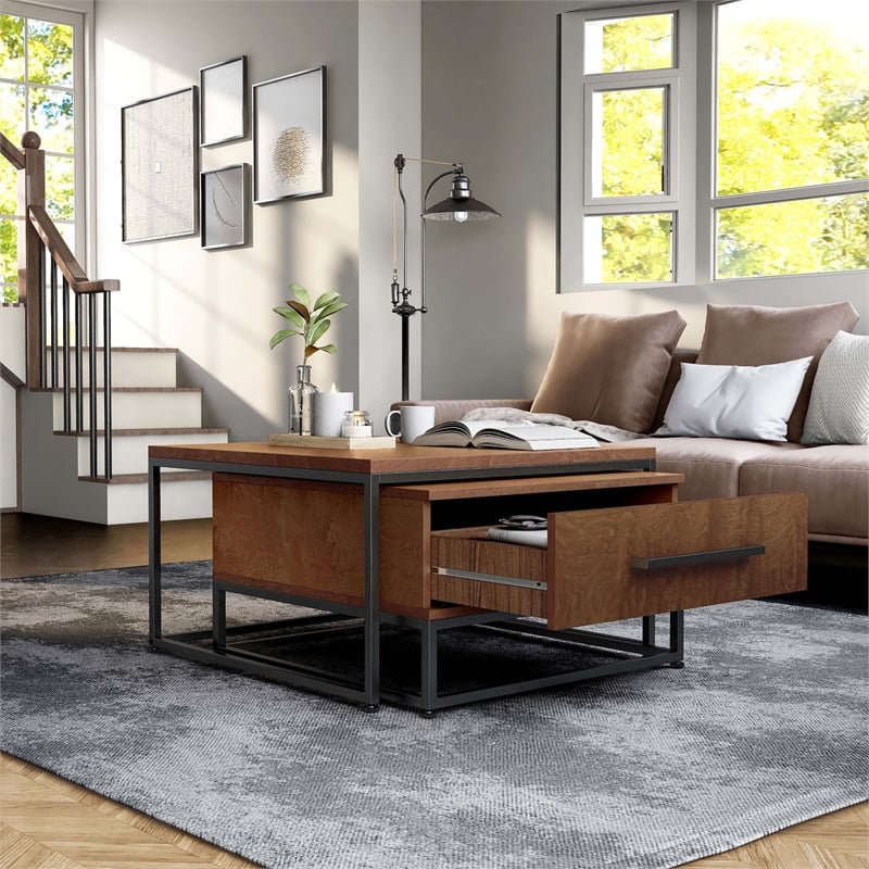 Bowery Hill Wood 2-Piece Nesting Tables Set with Drawer in Brown