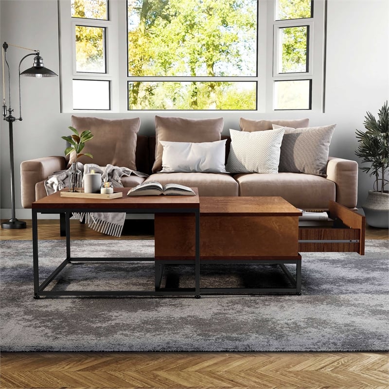 Bowery Hill Wood 2-Piece Nesting Tables Set with Drawer in Brown