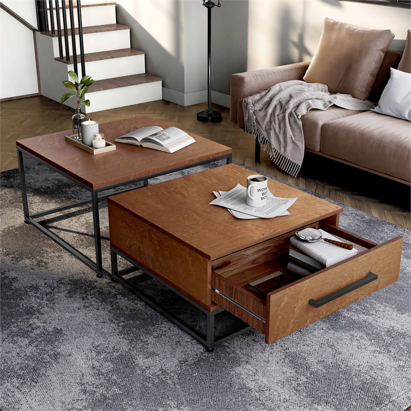 Bowery Hill Wood 2-Piece Nesting Tables Set with Drawer in Brown