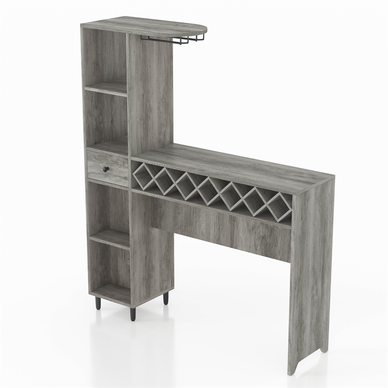 Bowery Hill Wood Multi-Storage Bar Table in Vintage Gray Oak