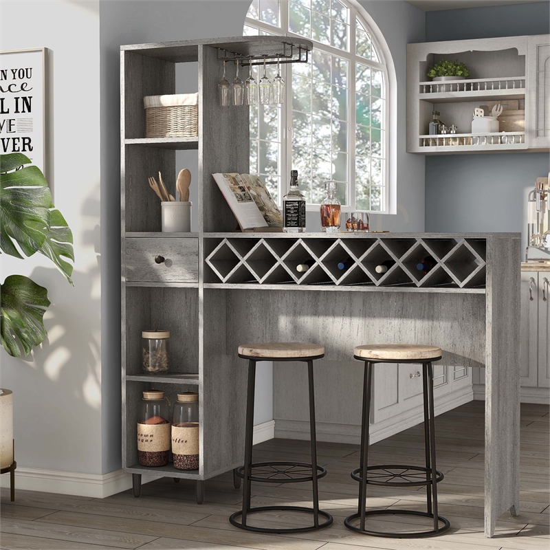 Bowery Hill Wood Multi-Storage Bar Table in Vintage Gray Oak