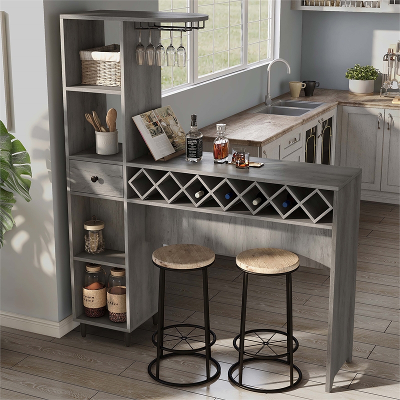 Bowery Hill Wood Multi-Storage Bar Table in Vintage Gray Oak