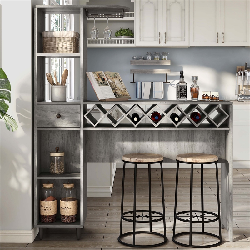 Bowery Hill Wood Multi-Storage Bar Table in Vintage Gray Oak