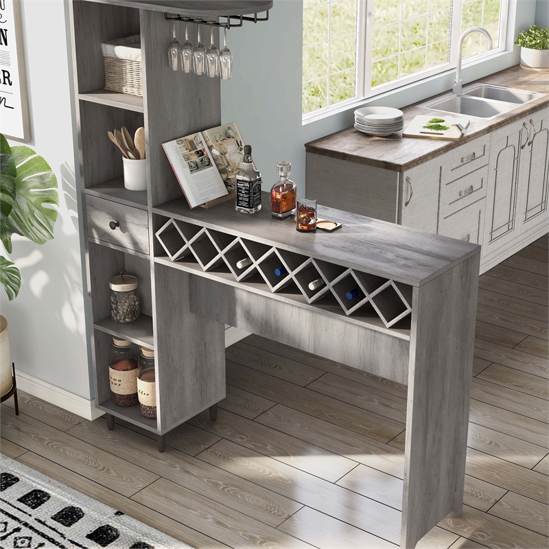 Bowery Hill Wood Multi-Storage Bar Table in Vintage Gray Oak