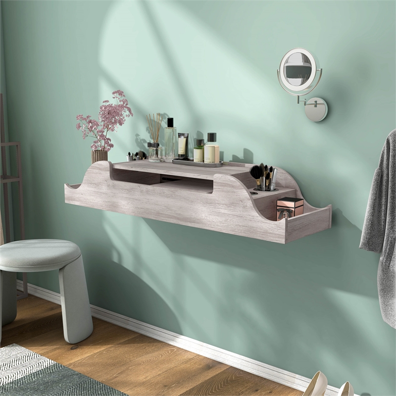 Bowery Hill Wood Wall Mounted Makeup Vanity in Coastal White