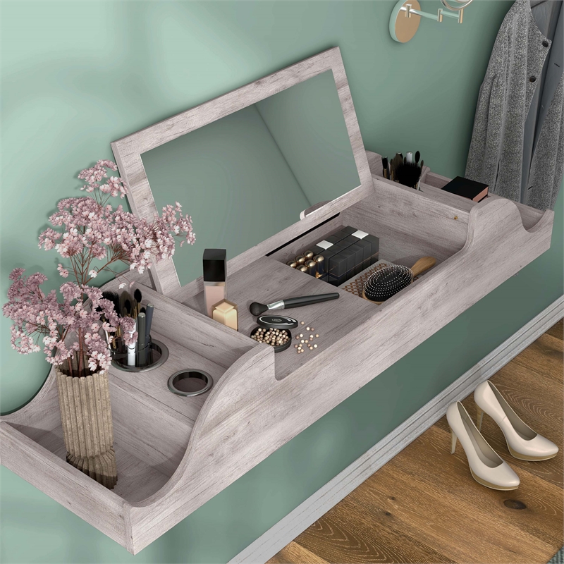 Bowery Hill Wood Wall Mounted Makeup Vanity in Coastal White