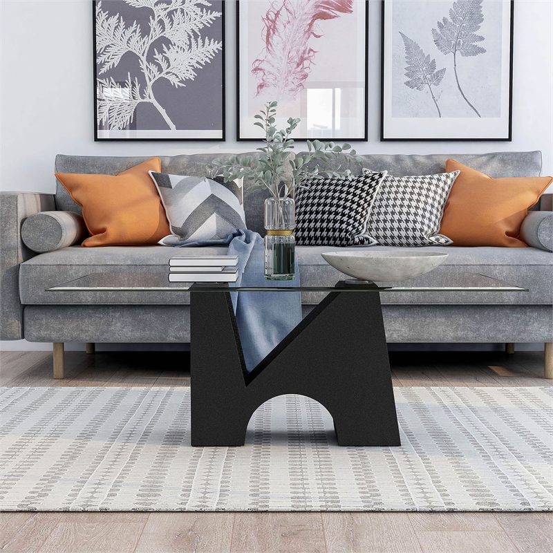 Bowery Hill Metal and Glass Top Rectangle Coffee Table in Black