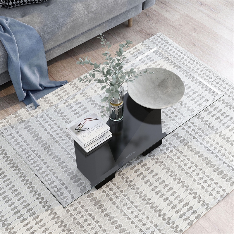Bowery Hill Metal and Glass Top Rectangle Coffee Table in Black