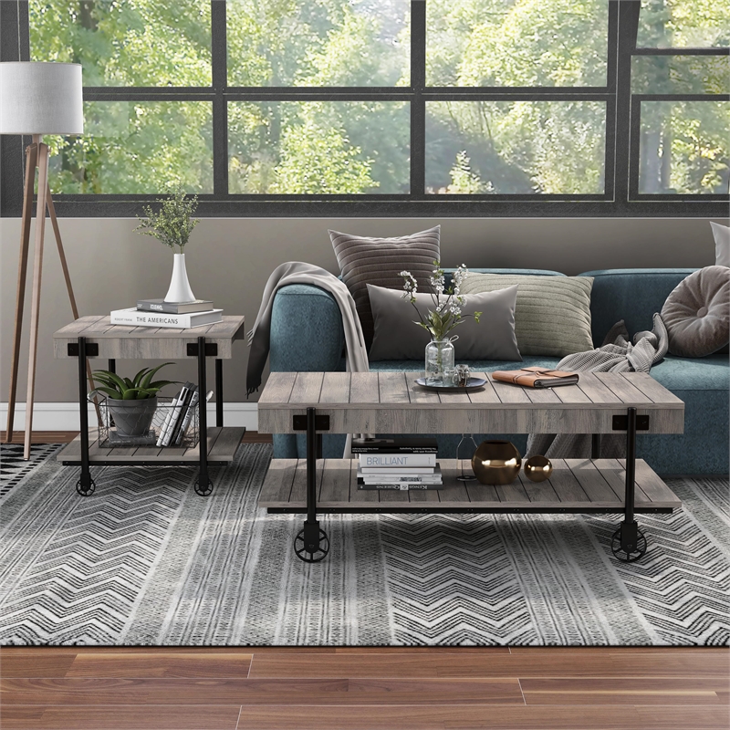 Bowery Hill Wood Natural 2-Piece Coffee Table Set with Wheels