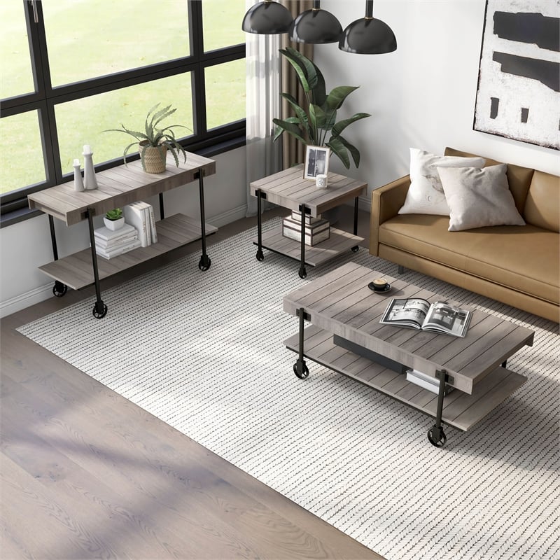 Bowery Hill Wood Natural 3-Piece Coffee Table Set with Wheels