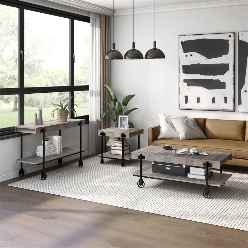 Bowery Hill Wood Natural 3-Piece Coffee Table Set with Wheels