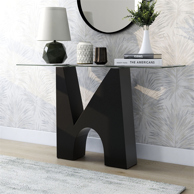 Bowery Hill Metal and Glass Top Rectangle Sofa Table in Black