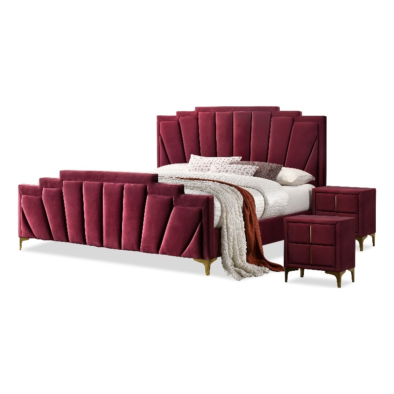 Bowery Hill 3pc Red Fabric Bedroom Set - King + 2 Nightstands