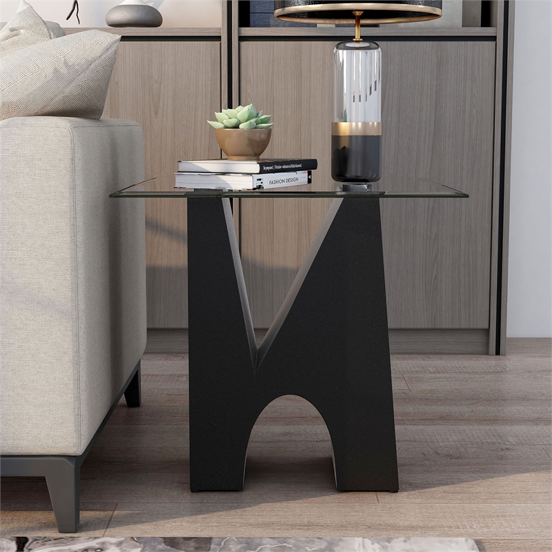 Bowery Hill Modern Metal and Glass Top Square End Table in Black