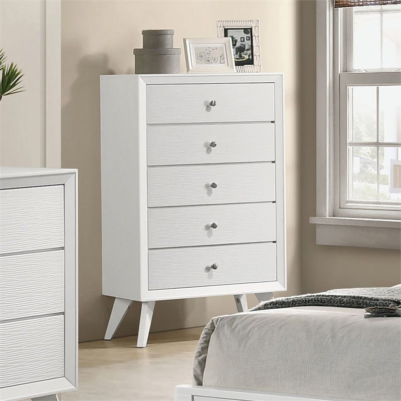 Bowery Hill Modern Wood 5-Drawer Chest with Angled Legs in White