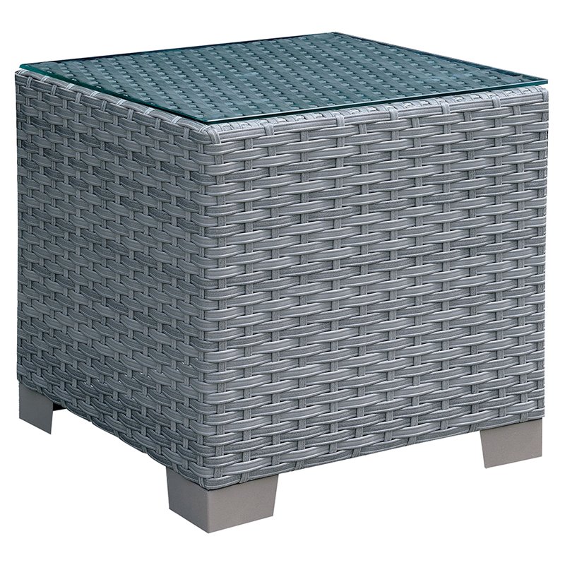 Bowery Hill Contemporary Rattan Glass Top Patio End Table in Gray
