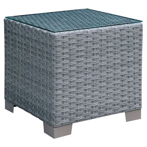 Bowery Hill Contemporary Rattan Glass Top Patio End Table in Gray