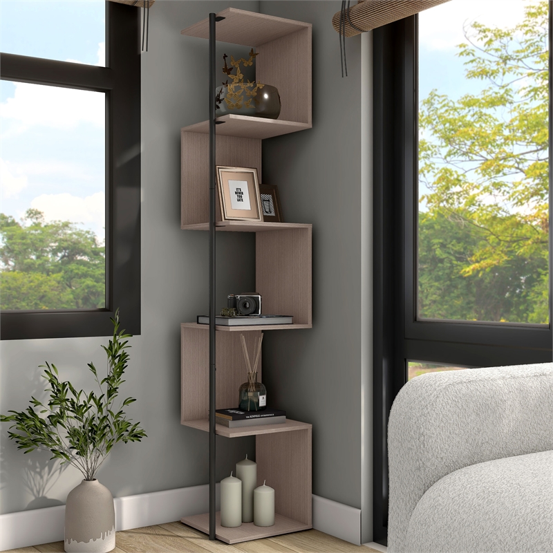 Bowery Hill Modern Wood 5-Shelf Corner Bookcase in Blush Pink