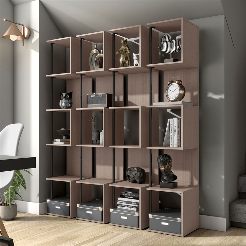 Bowery Hill Modern Wood 5-Shelf Corner Bookcase in Blush Pink