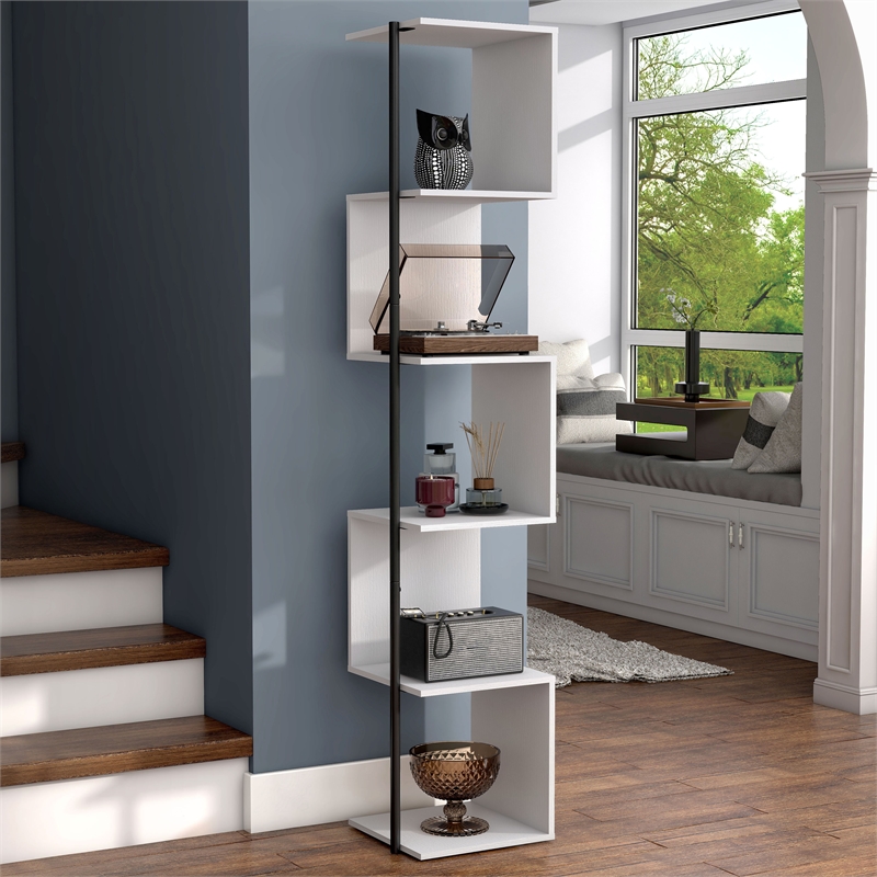 Bowery Hill Contemporary Wood 5-Shelf Corner Bookshelf Bookcase in White