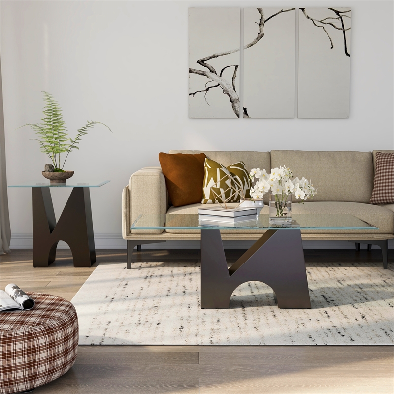 Bowery Hill Metal and Glass Top 2-Piece Coffee Table Set in Black