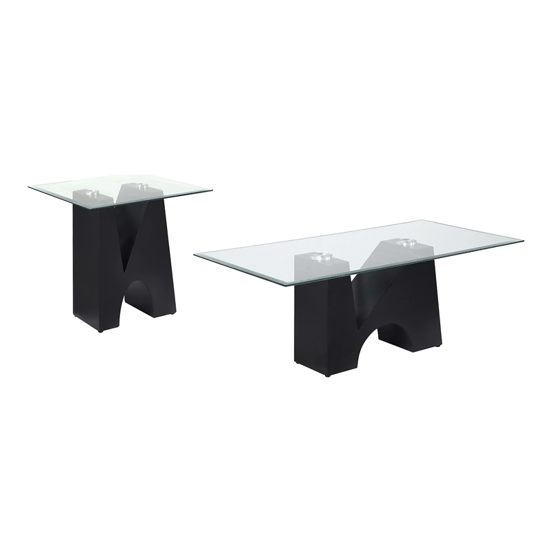 Bowery Hill Metal and Glass Top 2-Piece Coffee Table Set in Black