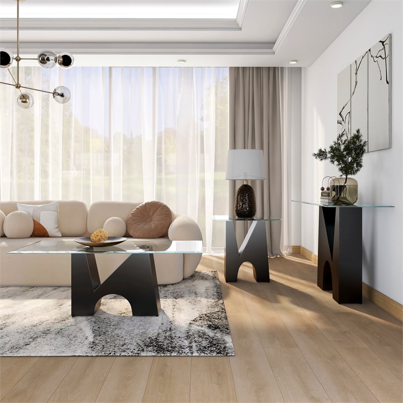 Bowery Hill Metal and Glass Top 3-Piece Coffee Table Set in Black